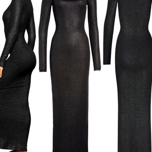 Skims Lounge Ribbed Shimmer Maxi Dress Black Plus Size 4x